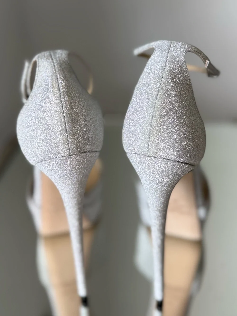 New Jimmy Choo Max 150 Metallic Silver Glitter Fabric Platform Stiletto Sandals